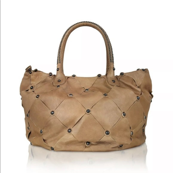 DAVID & SCOTTI LEATHER SCARF LARGE STUDDED SATCHEL BAG - BROWN - Picture 2 of 9